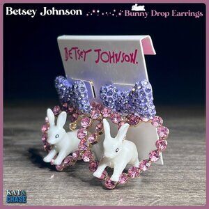 NWT Betsey Johnson Somebunnys Earrings Baby Heart Bunny Bow Hoop Easter Spring